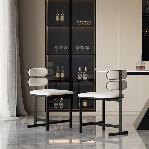 Homary 2er-Set Moderne Esszimmerstühle aus weißem Kunstleder – Gepolsterte Stühle mit hoher Rückenlehne und schwarzen Metallbeinen für Esszimmer, Küche oder Home Office (weiß, 2-teilig)