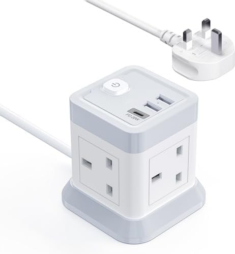 20W Extension Lead with 3 USB Slots, BEVA 4 Way（3250W）Desktop Power Extension, USB C Fast Charging Power Strip with Multi Socket, 1.5M Extension Cable for Home Office Desk Dorm Travel White