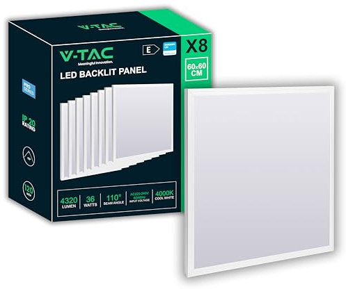 V-TAC 8x Pannelli LED da Incasso 36W - Chip Samsung - Lampada Quadrata 60x60 cm - 4320 Lumen - IP20 - per Soffitto, Ufficio, Casa, Negozio - Plafoniera - Luce 4000K Bianca Naturale