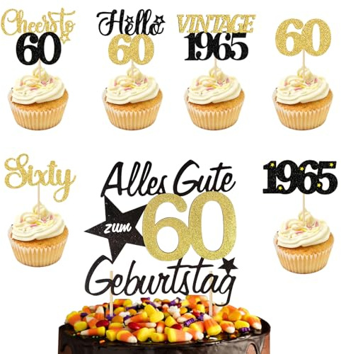 13 Stück Torten Deko 60 Geburtstag Set, 60th Birthday Cake Topper Kuchen Topper Kuchendeko, 1965 für 60 Geburtstagsfeier Zubehör Party Dekoration Kuchendekoration (Gold+Schwarz)