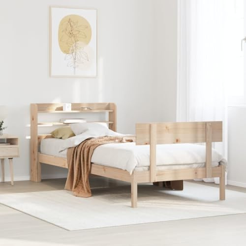 QJBSAVVA Einzelbett Kiefer massiv 90x200 cm, 222,5x100x82, ohne Matratze, unbehandelt, Regalböden, Kopfteil, Jugendbett