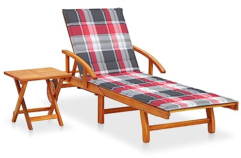 Ziaphsol Sonnenliege Akazie Massivholz, Verstellbare Rückenlehne, Ausziehbarer Tisch, Rotes Karomuster Auflage, Gartenliege mit Rädern, Outdoor Relaxliege für Terrasse, Pool und Garten