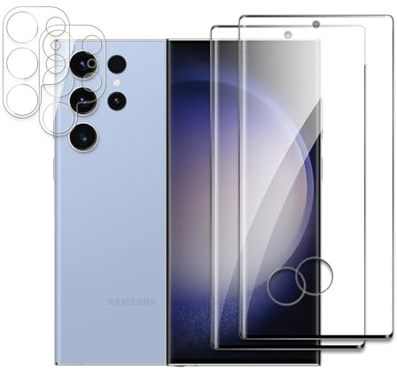 2 Piezas Vidrio Templado Protector Pantalla para Samsung Galaxy S23 Ultra 5G con 2 Piezas Protector de Lente de Cámara, 3D Cobertura Completa, Ultra HD, Anti Arañazos, Fácil Instalación