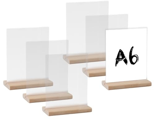 hocadon 6 pcs Présentoirs de Table A6 en Acrylique Porte Affiche | Avec Base en Bois Support pour Panneaux A6 en Acrylique pour Restaurant Hôtel école Bureau Conférence