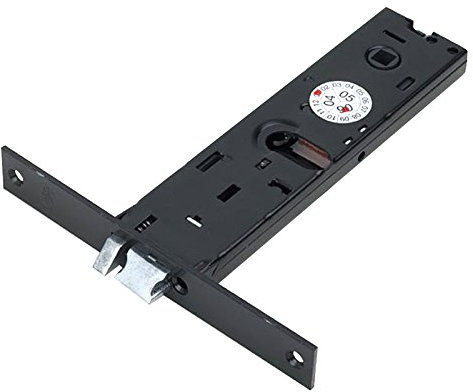 Serratura Elettrica Da Fascia Stretta '970' Per Porte In Alluminio. Con Scrocco, Finitura Verniciata Nera. Foro Ovale Per Cilindro, Scrocco E Pistone Di Ricarica Reversibili. Vite Di Fissaggio Per Cilindro. Senza Cilindro. Alimentazione 12V.
