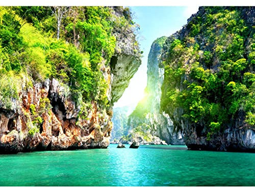 Runa Art Fototapeten 396 x 280 cm Strand Meer Berge - Vlies Wanddekoration Wohnzimmer Schlafzimmer - Deutsche Manufaktur - Grün Blau 9011012b