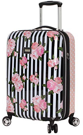 Betsey Johnson Valigia rigida espandibile (ABS + PC), leggera, resistente, con 8 ruote girevoli, da donna, 50,8 cm, Rose a righe, 50,8 cm, Tempo libero