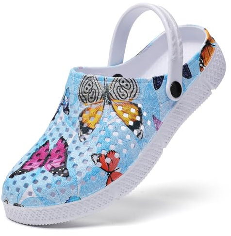 Sabots Mules Chaussures Respirant Fermé Chaussures de Jardin D'Été Amants Pantoufles Plage Sandales Hommes Femmes Piscine Sandales Chaussons Papillon Bleu 38