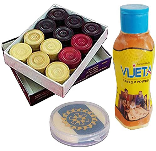 Metallic India Carrom Combo P - 50 g Vijeta Carrom Pulver 1 Set Holzmünzen Carrom-Men & 1 Acrylklöppel