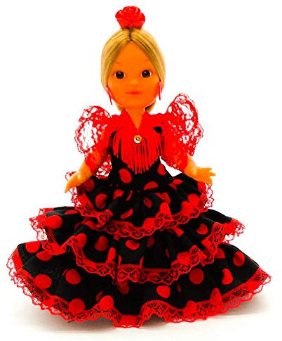 Folk Artesanía Regionale Puppe Kollektion 25 cm mit typischem Kleid Andalusia, Andalusien, mit spanischer Blume, Schwarz / Rot