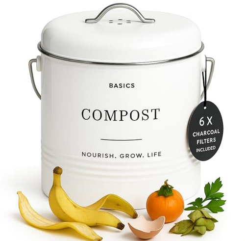 D'Lifeful Kitchen Compost Bin – 1.3 Gallon Countertop Farmhouse Compost Container with Lid – Odorless Indoor Food Scrap Pail with 6 Charcoal Filters – Eco-Conscious and Easy to Clean - White