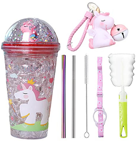 Unicorn Travel Mug with Straw Blue Drinking Cup with Strap Purple Unicon Party Tumbler Ice Tollde Cup for Picnic Party Birthday (pink unicorn gel, 430 ml)