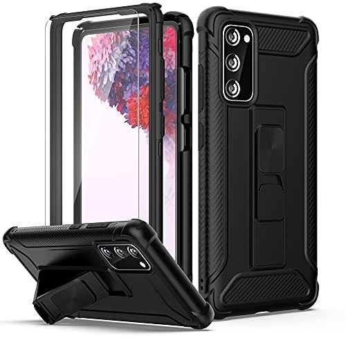ORETECH Silikon Hülle für Samsung Galaxy S20 FE 6.5 mit [2X Displayschutzfolie] [Ständer Halter] 360 Grad Militärischer Schutzhülle Dünn Kratzfest Hard PC Handyhülle für Samsung S20 FE-Schwarz