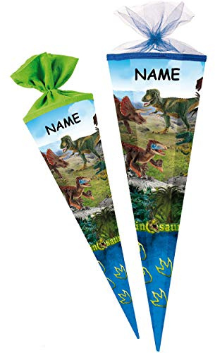 Schultüte - Dinosaurier - Dinosaurs/Dino - 35 cm - rund - incl. Name - mit Tüllabschluß - Zuckertüte - mit/ohne Kunststoff Spitze - Nestler - Jungen -..