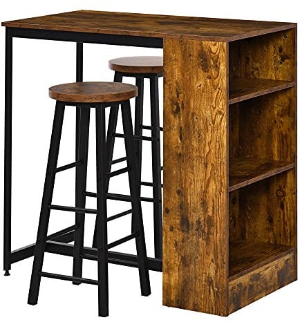 HOMCOM 3 Piece Industrial Style Bar Table Set, Pub Dining Table Set Bar Height Table and 2 Stools with Storage Shelf for Kitchen, Living Room, Rustic Brown