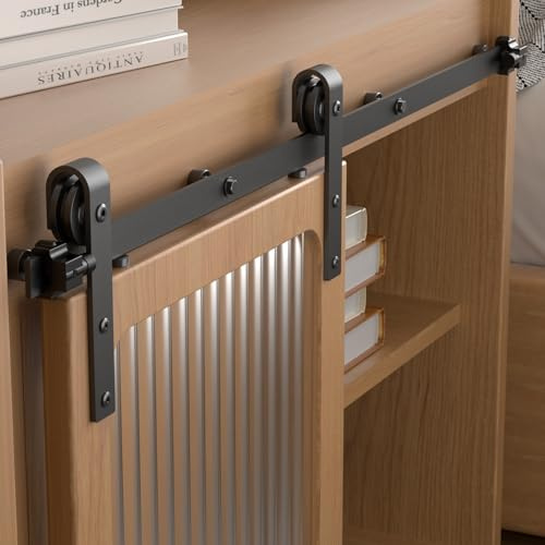 CCJH Kit de herrajes para puerta corrediza de granero de 3 pies, sistema de riel de armario de acero al carbono, colgador básico de rodillo fácil de instalar, panel de puerta individual de 18 pulgadas