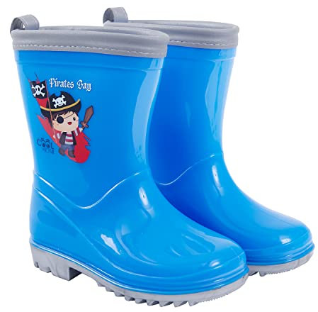 PERLETTI Calzado de Agua Niños Azul con Pirata - Botas Impermeables para Infantes Estampa Pirata 5 Tallas - Botitas Niño Lluvia PVC Borde Reflectante y Suela Gris Antideslizante Flexible (numeric_24)