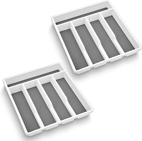 Onader Plastic Cutlery Tray, Cutlery Drawer Organiser Set of 2, 5 Compartments Silverware Holder Utensil Storage for Spoons Forks Knives, Perfect for Kitchen Home Office, 32.6x29x4.5cm, Grey & White