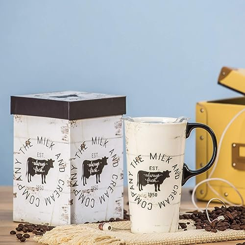DUSVALLY Taza de café de cerámica con tapa y asa, taza de porcelana con caja de color, 17 onzas, vaca