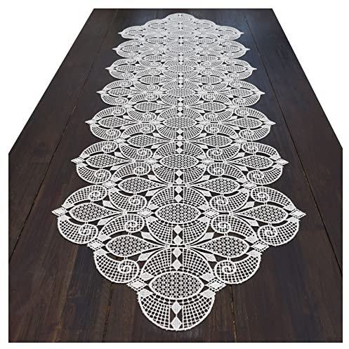 Tischläufer Tilda aus Vogtländischer Spitze in Natur | Moderne Tischdecke mit zeitlosen Ornamenten | Elegantes Tischband aus Luftspitzen-Stickerei | Tischdeko Länge x Breite 112 x 46 cm