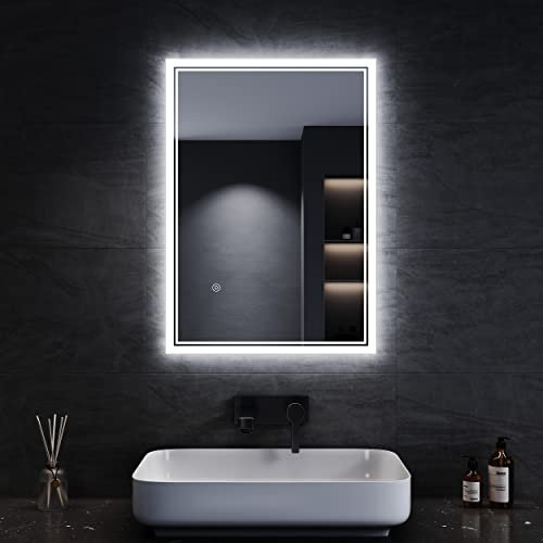 SONNI Badspiegel mit Beleuchtung 50x70 cm 3 einstellbare Lichtfarben, Beschlagfrei LED Badspiegel mit Touchschalter kaltweiß Badezimmerspiegel mit Beleuchtung Wandspiegel IP44 Wandschalter