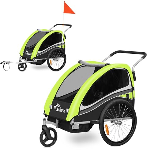 SAMAX Fahrradanhänger Jogger 2in1 360° drehbar Kinderanhänger Kinderfahrradanhänger Transportwagen vollgefederte Hinterachse für 2 Kinder in Grün - Black Edition