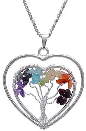 A&M GEMS & JEWELS Pendentif de guérison 7 chakras, arbre + cœur, pendentif arbre de vie, pendentif multipierres fait à la main, pendentif en fil d'arbre, pendentif en cristal de guérison 925, Argent
