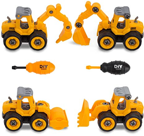 Wisplye Mini Bagger Spielzeug LKW Baufahrzeuge, Sandspielzeug DIY Traktor Baustellen Fahrzeuge Spielzeugautos mit Schraubendreher für Kinder Jungen 3 4 5 6 7 8 Jahre (4 Stücke)