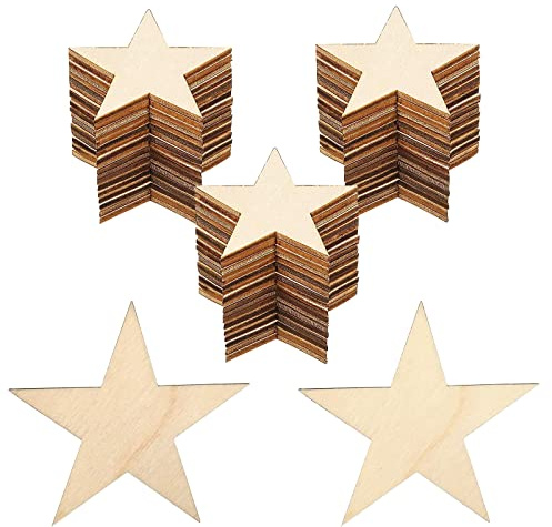 Floatdream 60 Stück Holzsterne, Mini Holz Sterne Scheiben, Holzsterne Blank Holz Stern Scheiben, Für die Herstellung von DIY-Dekorationen, Branding, Schriftzüge, Holzuntersetzer, Anhängerdekoration