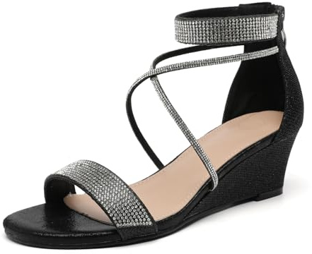 DADAWEN Sandales Compensées Femme Été Sandales à Plateforme Strass Sandale à Talon Compensé Mode Confort pour Soirée Mariage Chaussure Noir 35