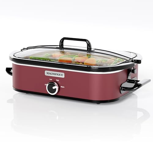 MAGNIFIQUE - Olla de cocción lenta de 4 cuartos de galón con cacerola, ajuste manual de calor, perfecto para cenas familiares, apto para lavavajillas, color rojo