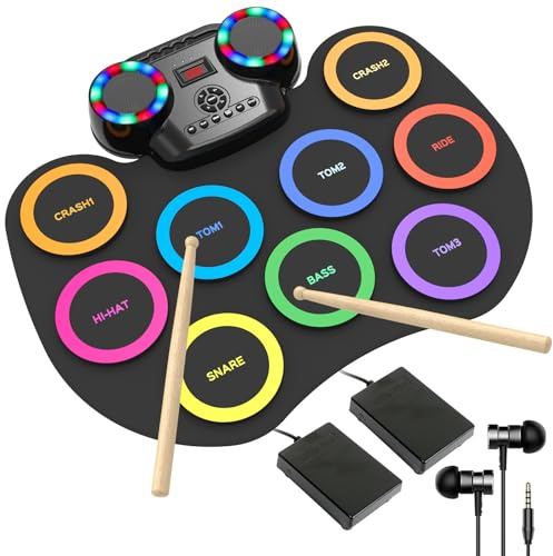ROCKSOCKI Electronic Drum Set 9Pads with LED Lights, Bluetooth Portable Electronic Drum Kit, Roll-Up Practice Drum Pad, Built-in Dual Speakers, Headphone, Holiday Birthday Gift for Kids Adults