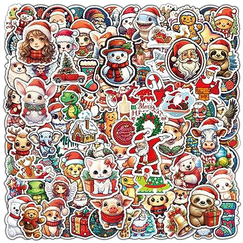 100 Pegatinas de Navidad, Adhesivos Impermeables de Vinilo para Decorar de Portátiles, Bolsa de Embalaje de Regalo, Tarjeta de Felicitación, Bolsa de Pastelería al Horno (100 Navidad Pegatinas)
