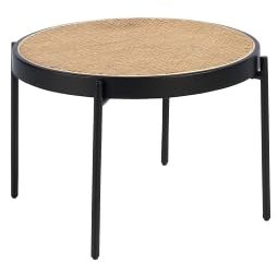 AC ANGEL CERDÁ Runder Couchtisch mit Rattanplatte und rundem Ring aus MDF, matt schwarz lackiert, Beine aus schwarzem Edelstahl., 2111