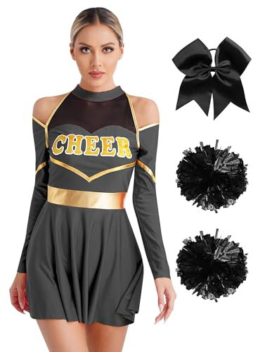 Jowowha Damen Cheer Leader Kostüm Cheerleading Kleid mit Pompoms Haarband Tanzkleid Halloween Karneval Fasching Partykleid Schwarz S