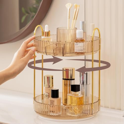 Gold 2 Tier Rotating Makeup Organiser - Perfect For Skincare & Cosmetics, Bathroom Storage
