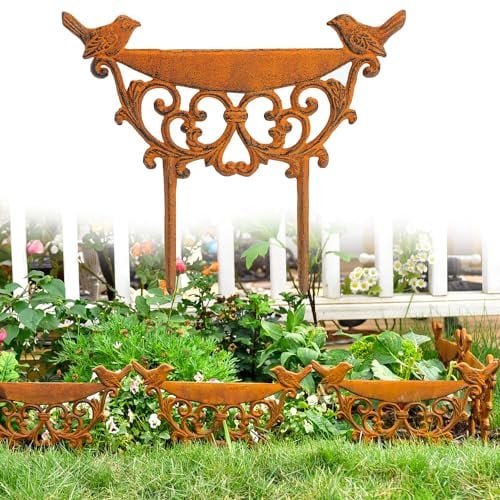 Sungmor Decorative Cast Iron Garden Edging Border, Rustic Brown Landscape Edging Low Picket Fence, 9.9inch Tall Outdoor Flower Bed Lawn Fence Panels, Vintage Metal Yard Decor Stakes