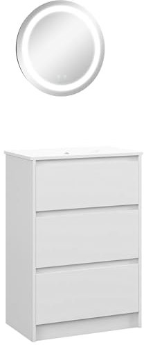 kleankin Conjunto de Baño Incluye 1 Mueble de Baño con Lavabo 61x37x88 cm y 1 Espejo de Baño con Luz LED Antivaho Interruptor Táctil Ø50x4,6 cm Blanco Brillante y Plata