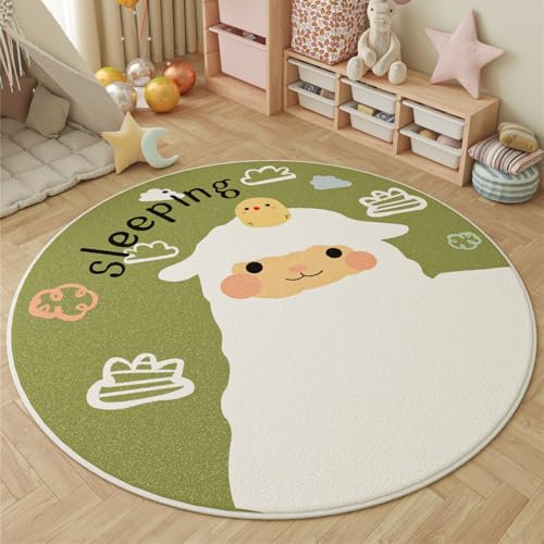 Viusneun Teppich Rund, Waschbar Kurzflor Cartoon Tier Muster, Moderner Super weich klein Teppiche Matte Kinderteppich Kinderzimmerteppich (Schafe,80 * 80cm)