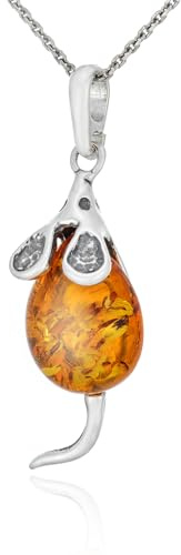 AMBEDORA Women's Silver Mouse Necklace with Amber, Oxidized Sterling Silver, Pendant with Chain