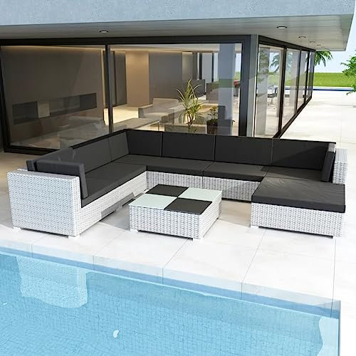 HEFZGDB 8-TLG. Garten-Lounge-Set mit Auflagen Poly Rattan Weiß Gartenstühle Gartenmöbel Set Gartentisch Geeignet für Terrasse, Garten, Pool.