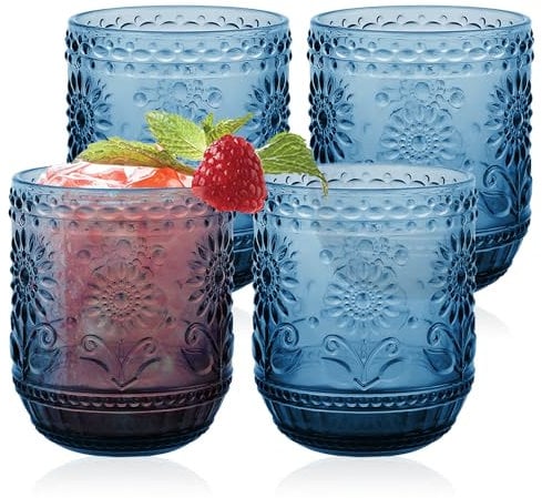 Hebaogugu Drinking Glasses Set of 4, Emboss Vintage Water Cups for Tea, Beverage, Milk, 350 ml 12 oz Glasses Tumbler Heavy Duty Wine Glasses for Beer, Cocktail, Whiskey (Blue)