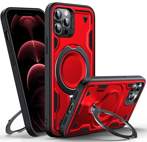 WYUIC für iPhone 12/12 Pro Hülle mit Rotiertem Ring-Ständer, Militärnorm Schutzhülle Stoßfest Kratzfeste 10 Fuß Drop-Test Rückseite Mehrschichtiger Schutz Handyhülle, Rot