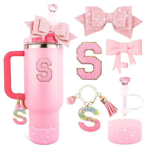 Lingdeer Pink Cup Accessories Set for Stanley 30OZ & 40OZ Tumbler with Handle, Letter Charms, Bow & Diamond Straw Covers, Glitter Silicone Boot, Personalized Sticker for Stanley Cup Accessories (S)