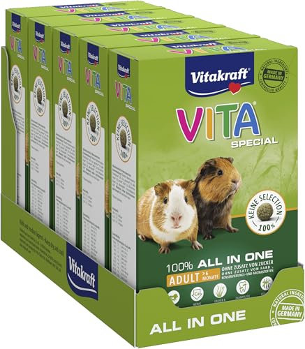 Vitakraft Vita Special Adult, Meerschweinchen Futter, mit Gräsern und Kräutern, geringer Calciumgehalt, für gesundes Fell, ohne Zusatz von Zucker und Getreide (5 x 600 g)