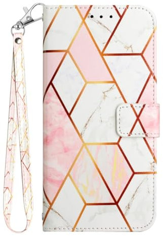 JYNCHDZ for Google Pixel 7A Case Shockproof PU Leather Bumper Marble Flip Wallet Case with Card Holder Kickstand Magnetic Clasp Wrist Strap Full Protective Skin Cover for Google Pixel 7A, Pink White
