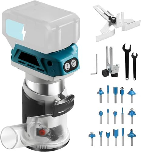 Akku Oberfräse kompatibel mit Makita 18V Akku, 800W Oberfräse Trimmer Einhandfräse, Bürstenloser Kantenfräser mit 6 Geschwindigkeit, 33000 U/min Akku-Holzfräser mit 16 pcs 1/4 Fräser Set (On Akku)