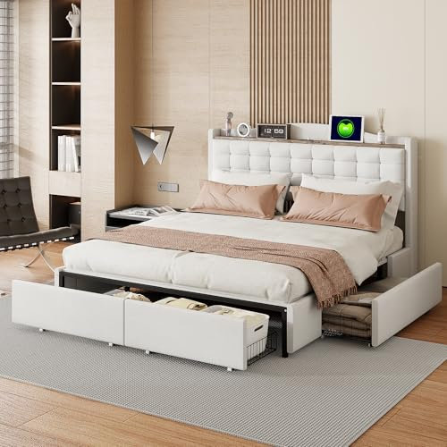 KUAKE Matrimoniale Letto Contenitore 160x200 cm, Imbottito con 4 Cassetti e USB Funzione, Letto con Stoccaggio, Bed Frame con Testata e Rete a Doghe, Linen, Senza Materasso (Beige)