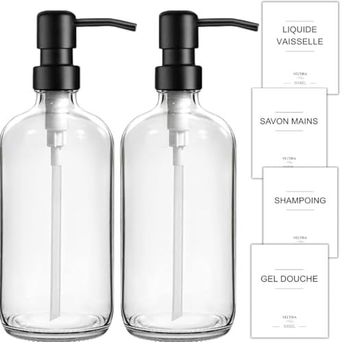 Distributeurs de Savon en Verre - Pack de 2 - Savon Mains - Liquide Vaisselle - Gel Douche - Shampoing - Plateau en Bois, Entonnoir Plastique, Etiquettes - Accessoires Salle de Bain Cuisine (Clear)