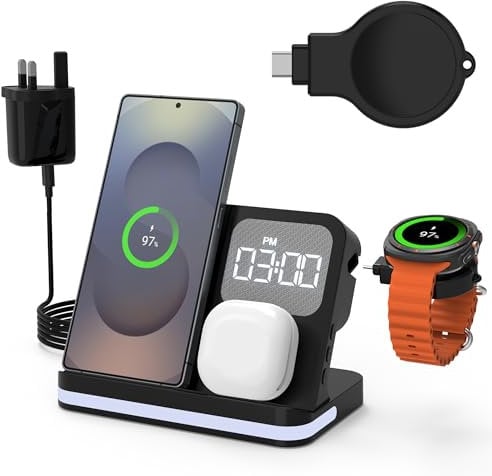 4 in 1 Wireless Charging Station, Wireless Charger with Alarm Clock Compatible for Samsung S25/S24/S23/S22/S21 Ultra Plus, Z Flip Fold 6/5/4 Note 20 Galaxy Watch 7/6/5/4/3 Galaxy Buds